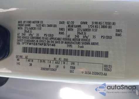 2022 Ford F-150 Platinum из США, поврежденный, VIN 1FTFW1E87NFB70146